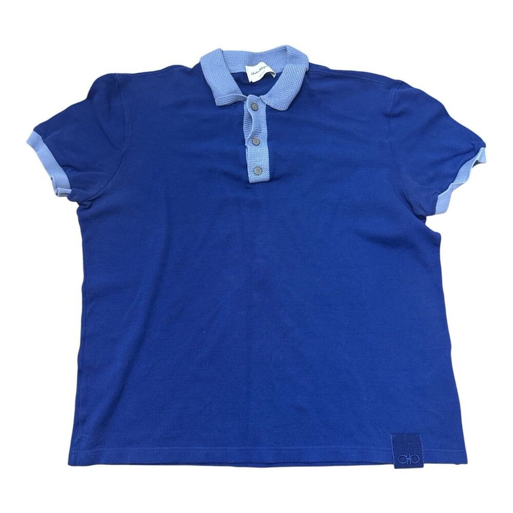Salvatore Ferragamo Blue Knit Collar Pique Cotton Polo Men's Large Slim Fit